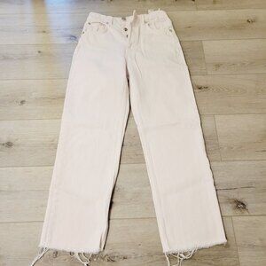 Zara Women's Light Pink Denim Straight Leg Jeans Frayed Hem & Button Fly Sz 4